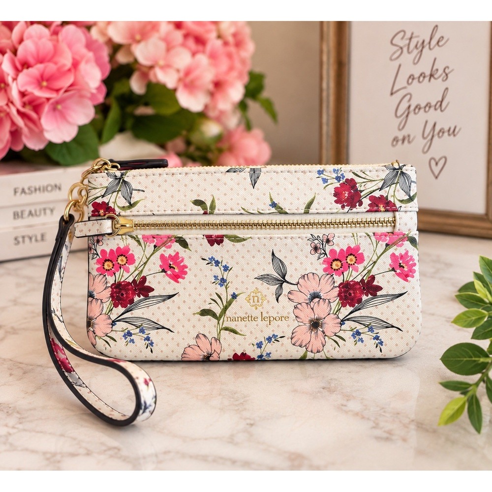Nanette Lepore Floral Wristlet Wallet Cream Pink Zip Pouch Gold Tone